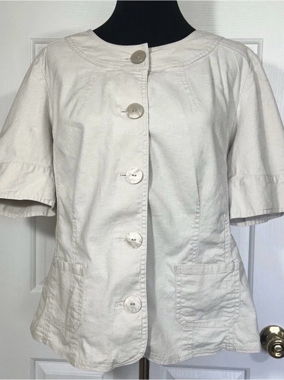 J. Jill Tan Linen Blend Short Sleeve Button Up Jacket Blazer Women's Size 14